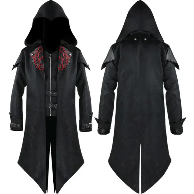 Unisex Medieval Vintage Patchwork Hooded Jacquard Mid-Length Coat detail 4