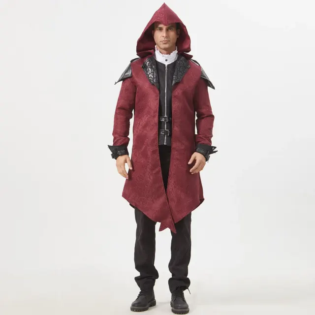 Unisex Medieval Vintage Patchwork Hooded Jacquard Mid-Length Coat detail 5
