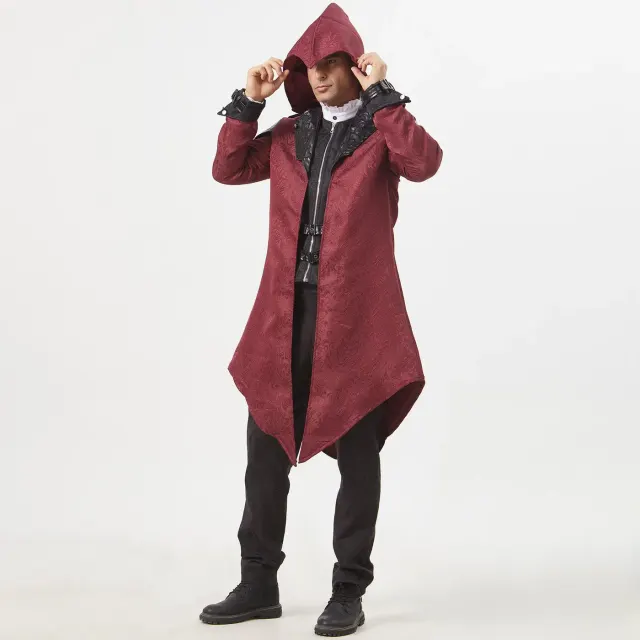 Unisex Medieval Vintage Patchwork Hooded Jacquard Mid-Length Coat detail 7