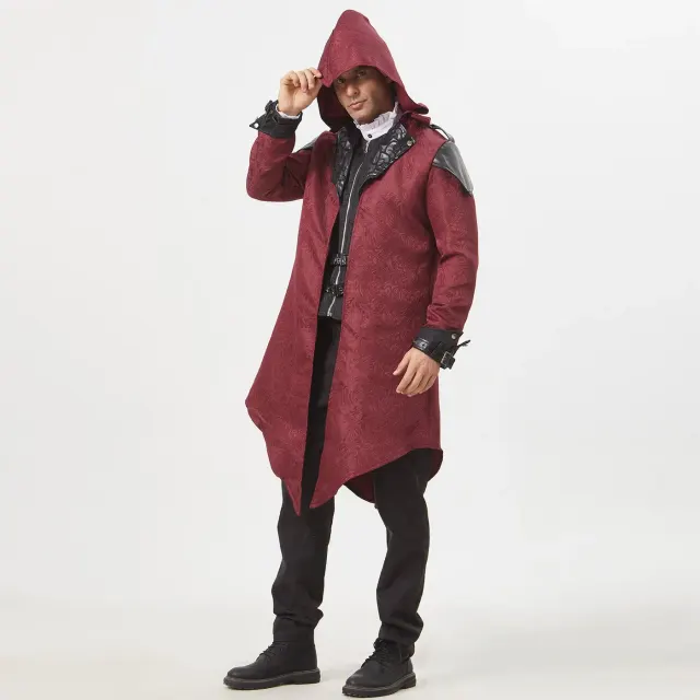 Unisex Medieval Vintage Patchwork Hooded Jacquard Mid-Length Coat detail 8