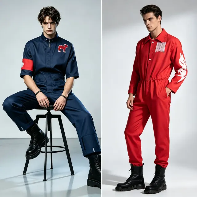 Unisex printed long-sleeve one-piece jumpsuit shown in red and blue for Halloween cosplay and stage performance.