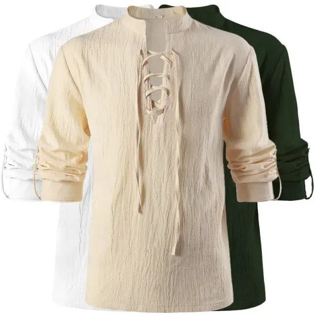 A unisex Renaissance-style pullover shirt with a stand collar and lace-up front, designed for pirate cosplay and stage performances.