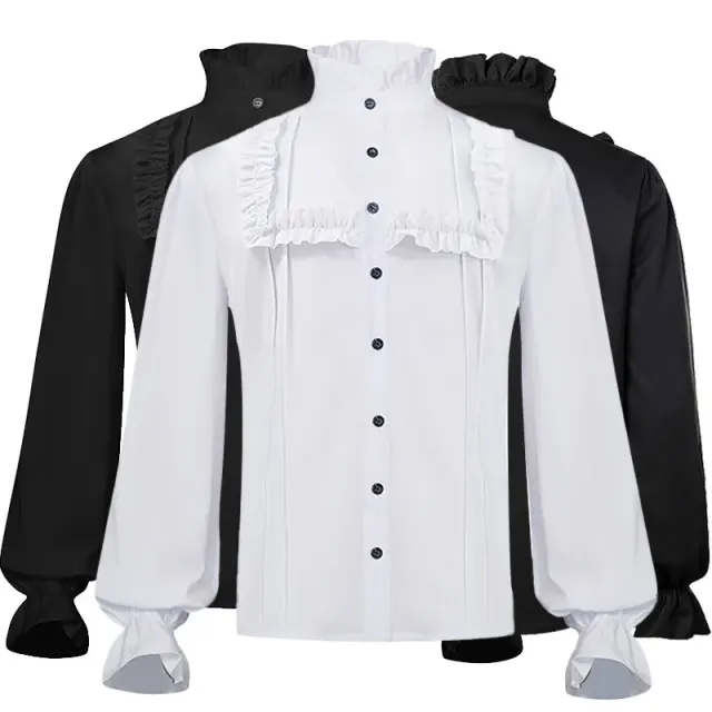 Black Victorian-style ruffled pirate shirt for unisex Halloween and stage costume wear.