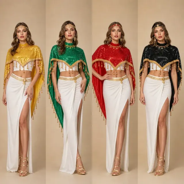 Unisex sequin and bead-trimmed triangle shawl with tassel edges for carnival, stage, and evening wear.