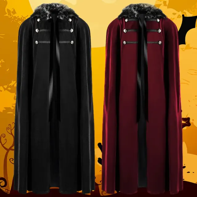 A unisex steampunk cloak with a thick fur collar in black, styled for Halloween cosplay.