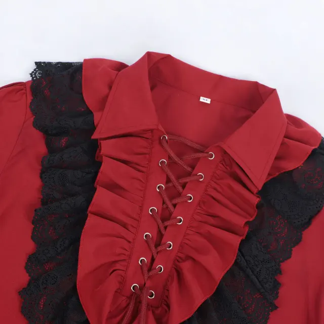 detalle de Camisa príncipe unisex vintage de encaje con volantes y cordón 10