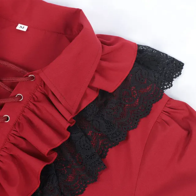 detalle de Camisa príncipe unisex vintage de encaje con volantes y cordón 12
