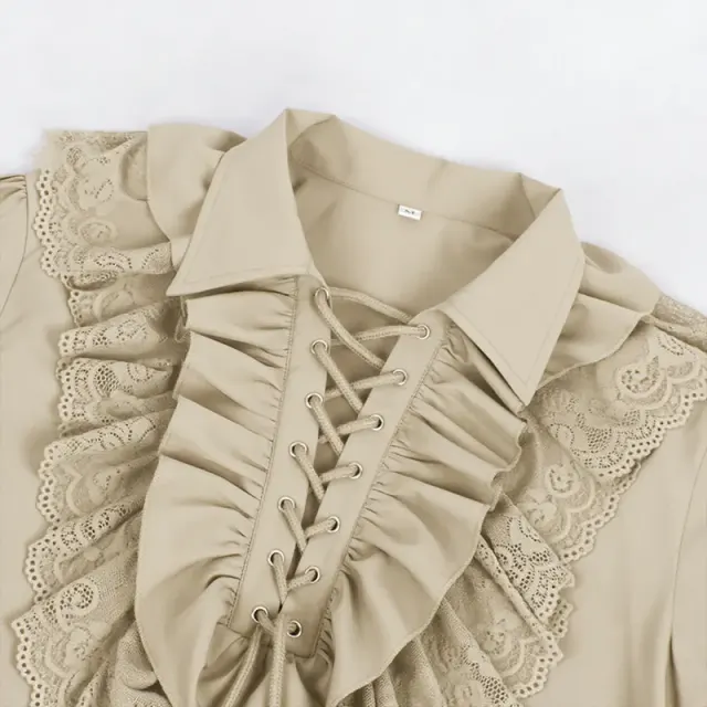 detalle de Camisa príncipe unisex vintage de encaje con volantes y cordón 17