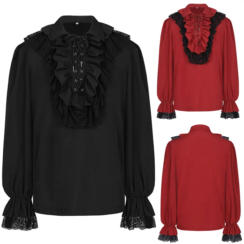 Black unisex vintage lace prince shirt with ruffled cuffs and collar, drawstring detail, and long sleeves.