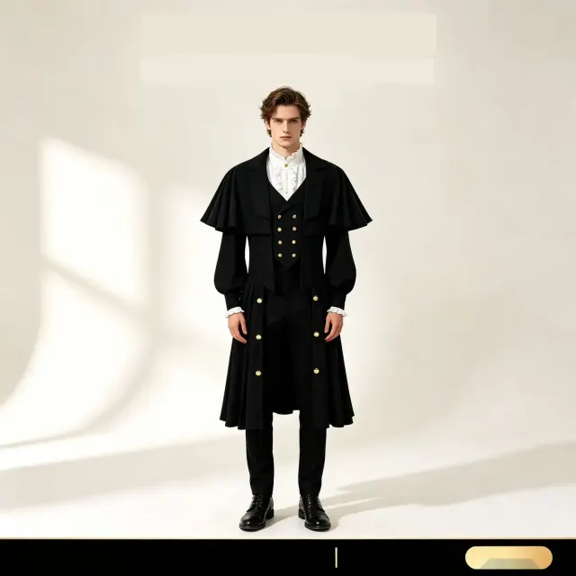 Unisex Victorian Gothic gentleman trench coat in dark gray with a mid-length silhouette for cosplay and stage wear.
