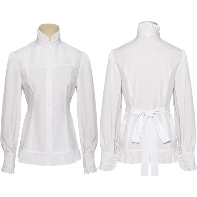 A Victorian Gothic-style long-sleeve shirt with ruffled detailing and a French-inspired silhouette, shown as a stage and cosplay costume piece.