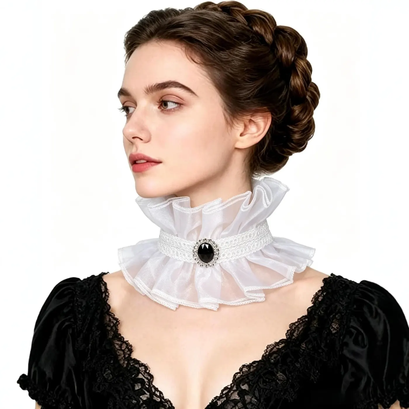 White Victorian-style lace detachable collar with decorative bow and neck-scarf styling.