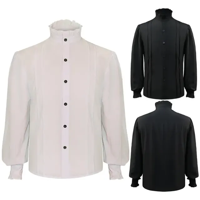 Black Victorian-style ruffled pirate shirt in the Victorian Shirt Style 2 colorway, suitable for Halloween and theater costumes.