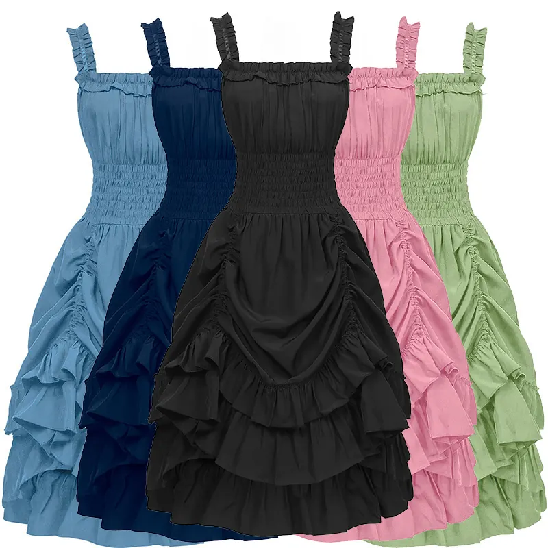 Black sleeveless Victorian-style dress with ruffled detailing and a jacquard finish, designed for cosplay and stage performance.