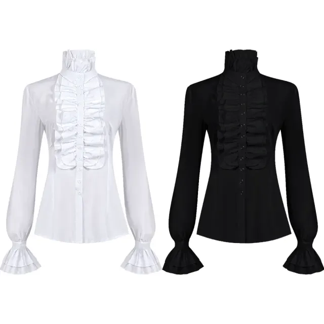 Women's Victorian Ruffled Stand-Collar Blouse & Long Skirt Set detail 1