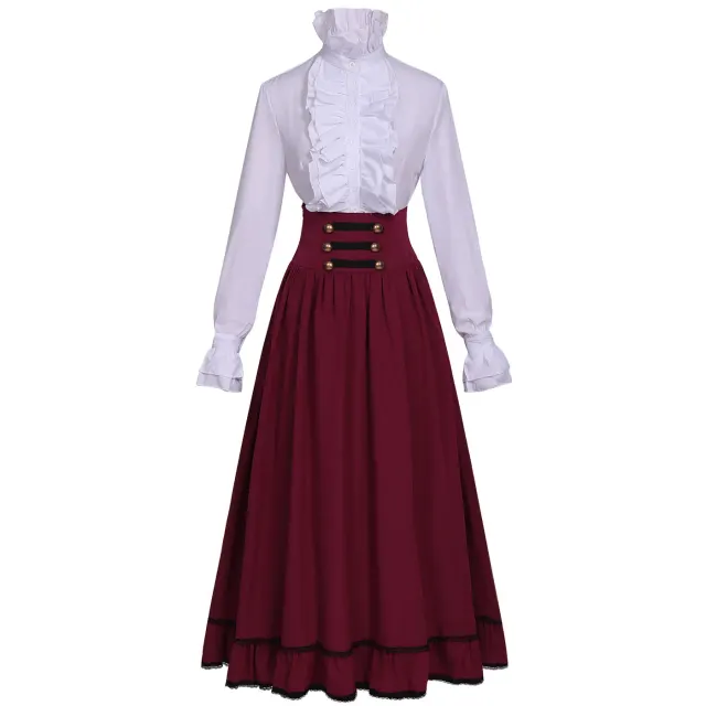 Women's Victorian Ruffled Stand-Collar Blouse & Long Skirt Set detail 8
