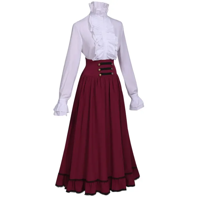 Women's Victorian Ruffled Stand-Collar Blouse & Long Skirt Set detail 9
