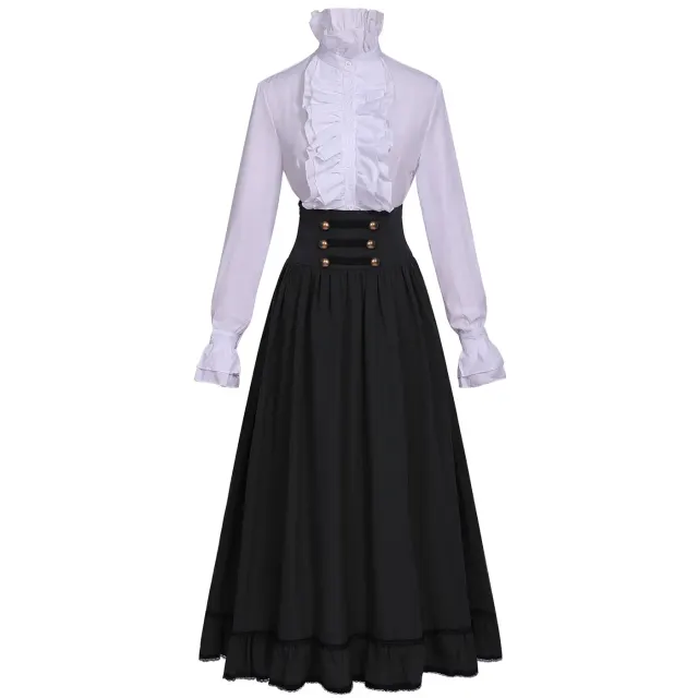 Women's Victorian Ruffled Stand-Collar Blouse & Long Skirt Set detail 11