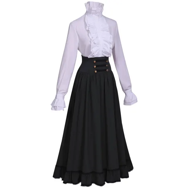 Women's Victorian Ruffled Stand-Collar Blouse & Long Skirt Set detail 12