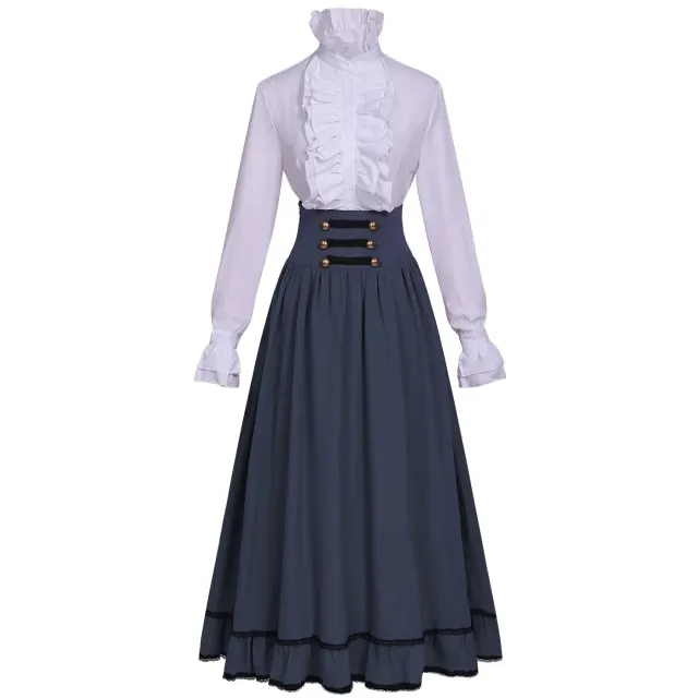 Women's Victorian Ruffled Stand-Collar Blouse & Long Skirt Set detail 14