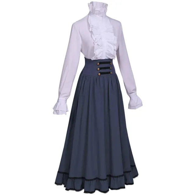 Women's Victorian Ruffled Stand-Collar Blouse & Long Skirt Set detail 16