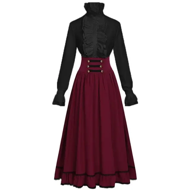 Women's Victorian Ruffled Stand-Collar Blouse & Long Skirt Set detail 22
