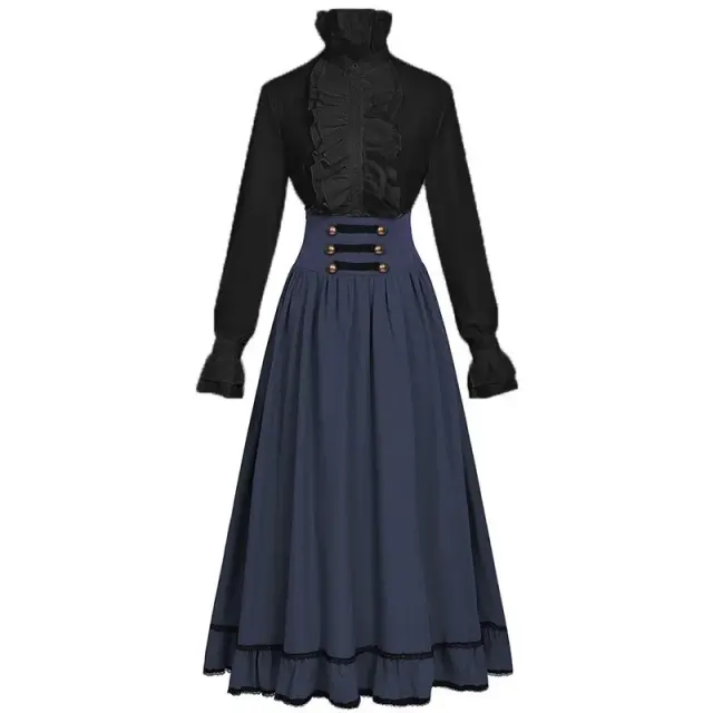 Women's Victorian Ruffled Stand-Collar Blouse & Long Skirt Set detail 23