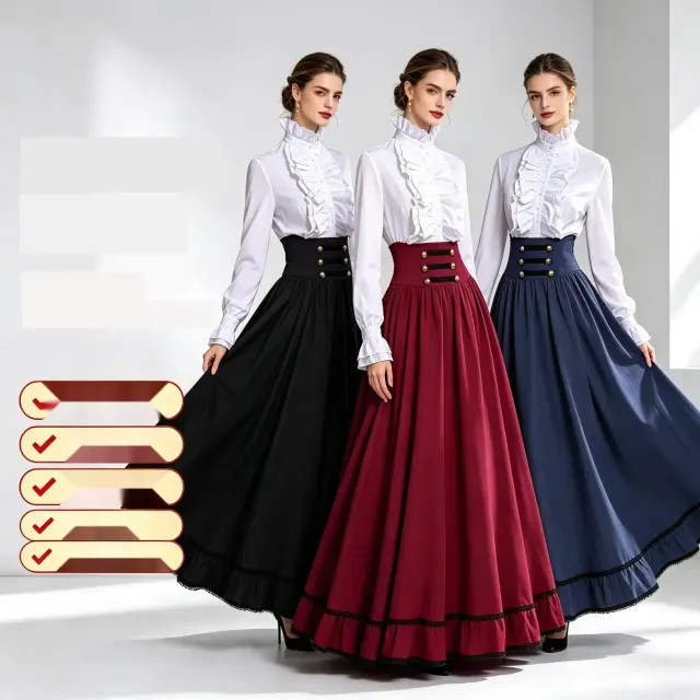 Women's Victorian-style ruffled stand-collar blouse and high-waist long skirt set shown for a costume catalog.