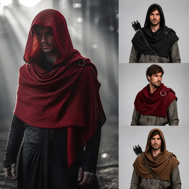 A red Viking hooded cape with a medieval Renaissance-inspired design for Halloween and cosplay.
