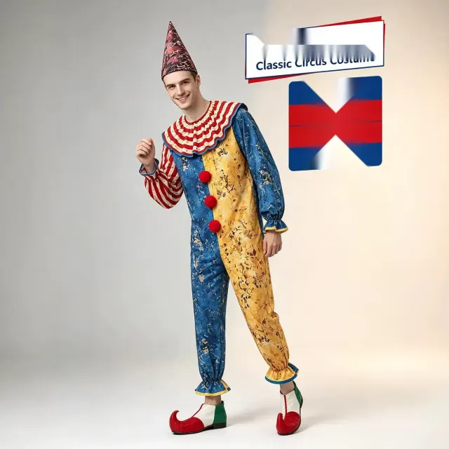 Vintage-style hooded clown jumpsuit costume with long sleeves and printed details for Halloween cosplay and stage performances.