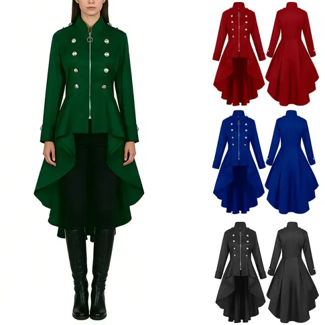 Long vintage-style zip tailcoat with an irregular hem in black, designed for Halloween and stage costume wear.