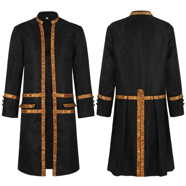 A vintage-inspired black steampunk pirate coat with a stand collar, styled for men's Halloween and stage costumes.