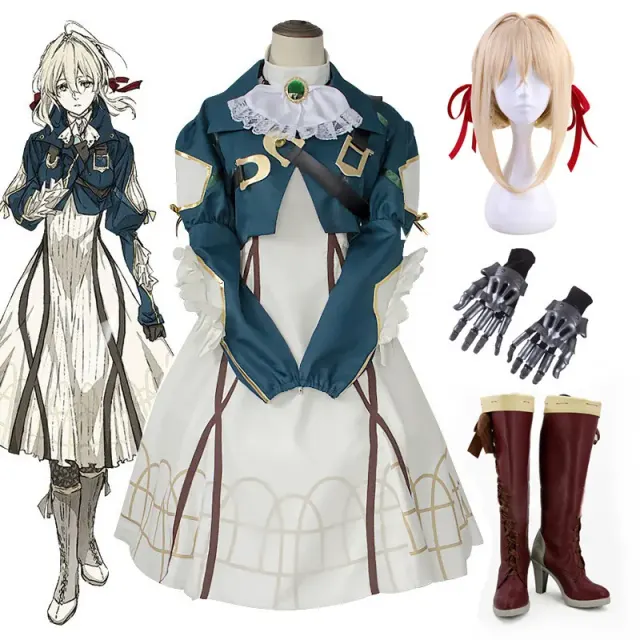 Violet Evergarden cosplay costume shown in a violet clothing option for stage performance and anime role-play.