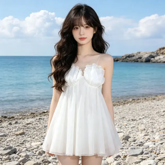 A white high-waist strappy bandeau tulle mini dress with a short, voluminous skirt.