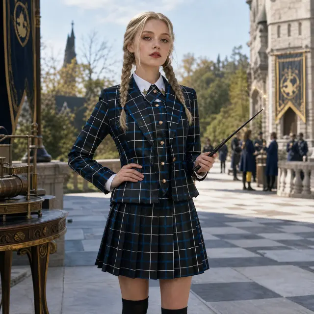 Witch Academy JK skirt from a vintage British-style cosplay uniform set, shown for anime-inspired stage and school-uniform looks.