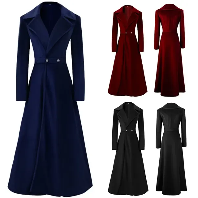 A woman wearing a long fitted medieval-style velvet coat in a Christmas cosplay look.