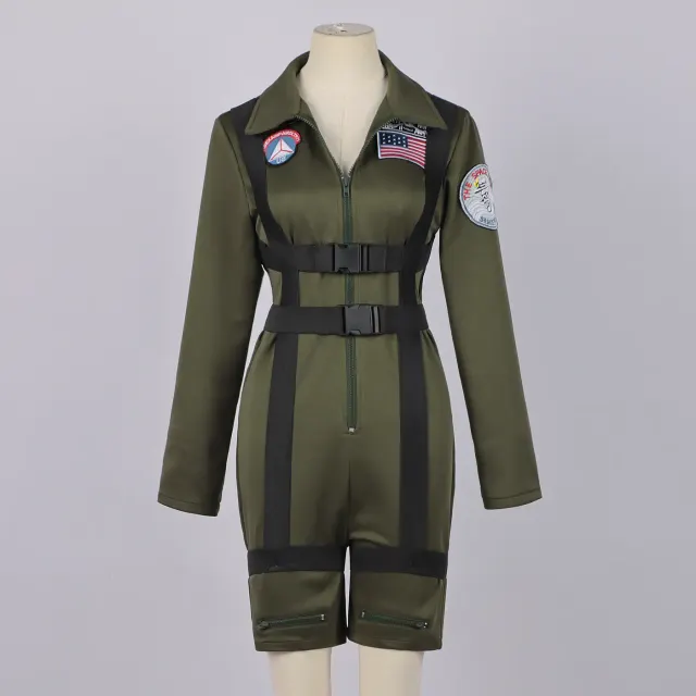 Women's Army Green Pilot Jumpsuit with Straps for Cosplay detail 1