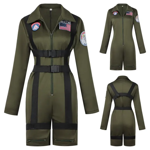 Women's army green pilot jumpsuit with suspender straps, styled for cosplay, Halloween, and stage wear.