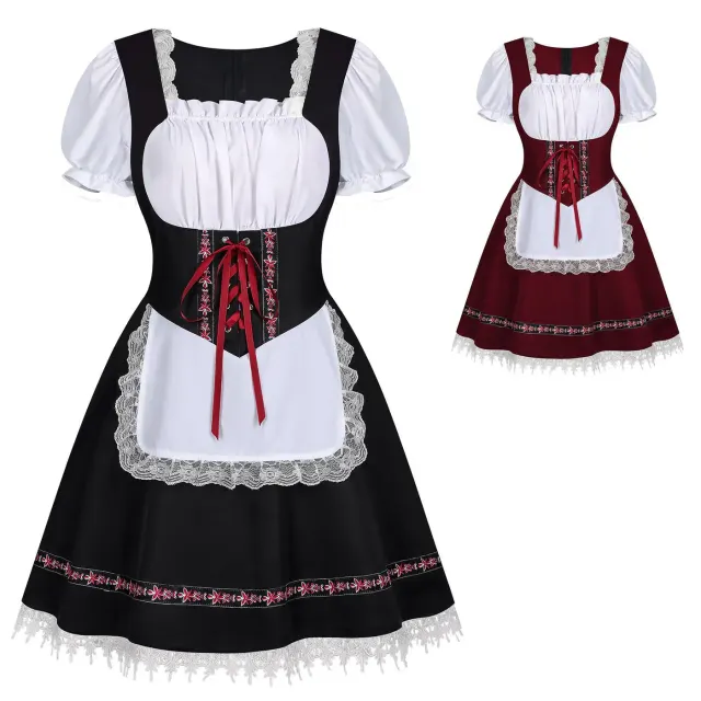 A women's black Bavarian Oktoberfest beer dress with short sleeves and a solid-color finish.