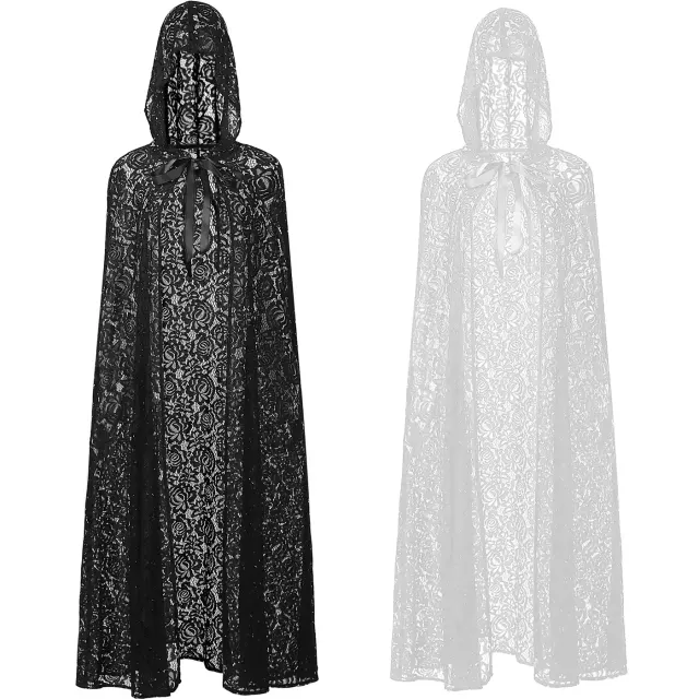 A black sheer lace hooded cloak with tie closure for women's cosplay and Western fantasy costumes.