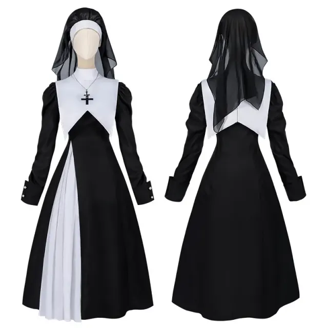 A women's black-and-white nun-style long dress for Halloween cosplay and stage performances.