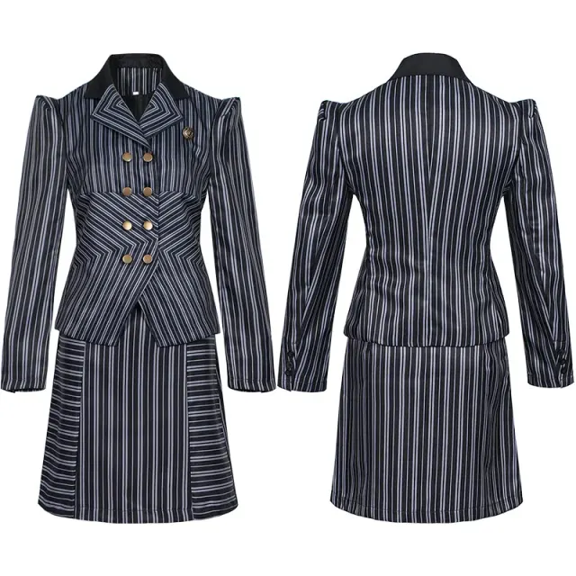 Product image of a women's black striped Elphaba-inspired school uniform cosplay set.