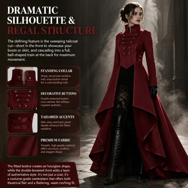 Black women's Gothic court-style long tailcoat with a stand collar, lace-up front, and irregular hem.