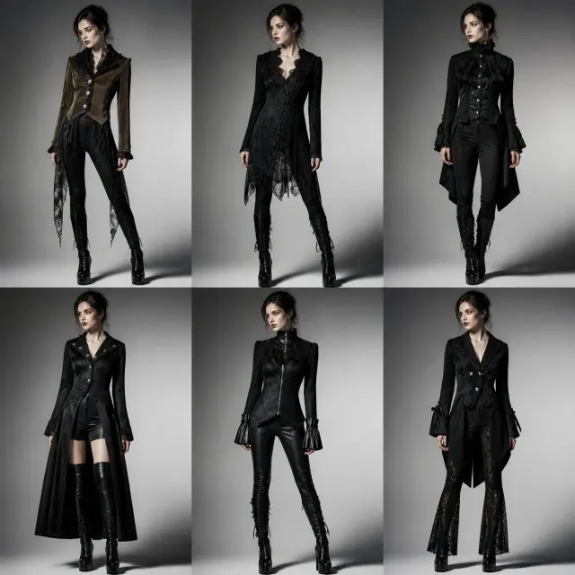 A women's gothic plus-size mid-length tailcoat jacket with a stand collar and tailcoat silhouette, styled for stage and fantasy wear.