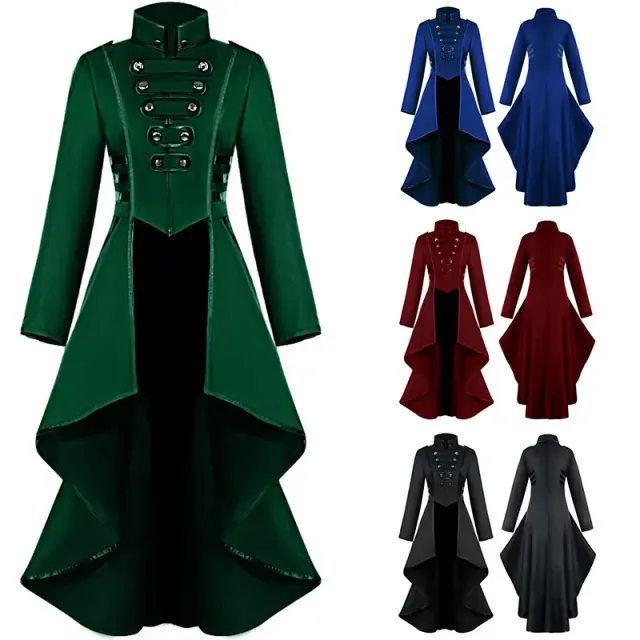 Women's Gothic tailcoat-style long dress with a stand collar, front buttons, and an irregular hem for Halloween and stage performances.