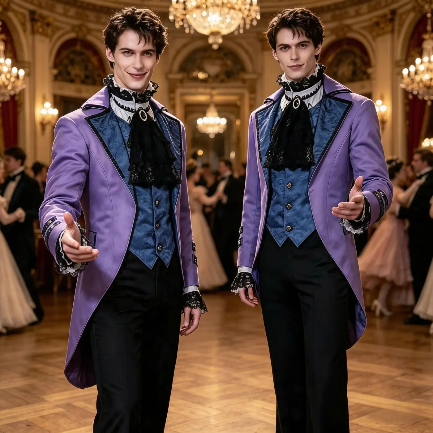 A women's gothic-style mid-length tailcoat costume with medieval and punk influences, shown in the purple tailcoat option for stage wear.