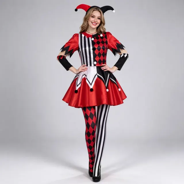 Women's circus clown cosplay dress in a stage-ready style for Halloween and carnival performances.