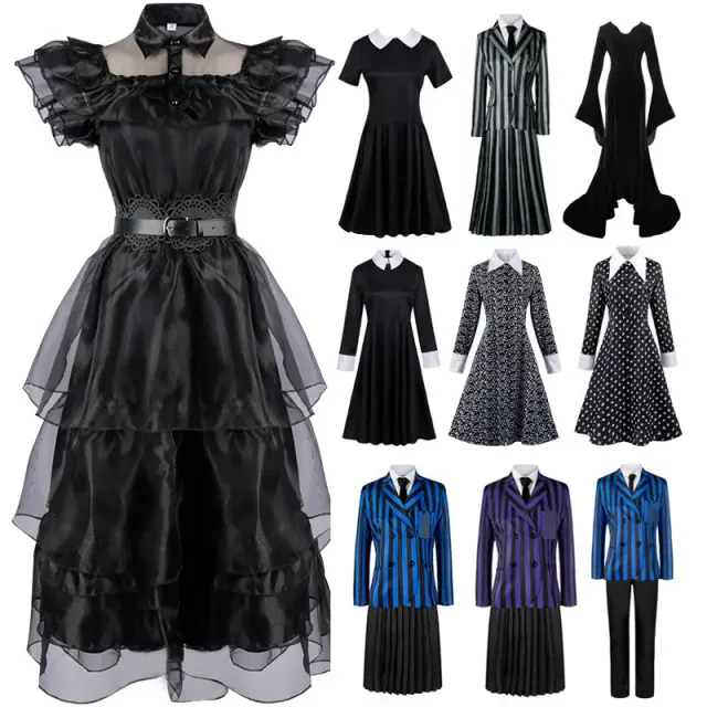 A women's black Halloween cosplay ball gown with a printed design, shown in a performance-ready dress style.