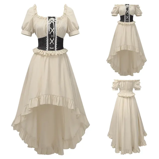 Women's off-shoulder short-sleeve cosplay dress with ruffled trim and an irregular hem in a solid-color knight-inspired style.