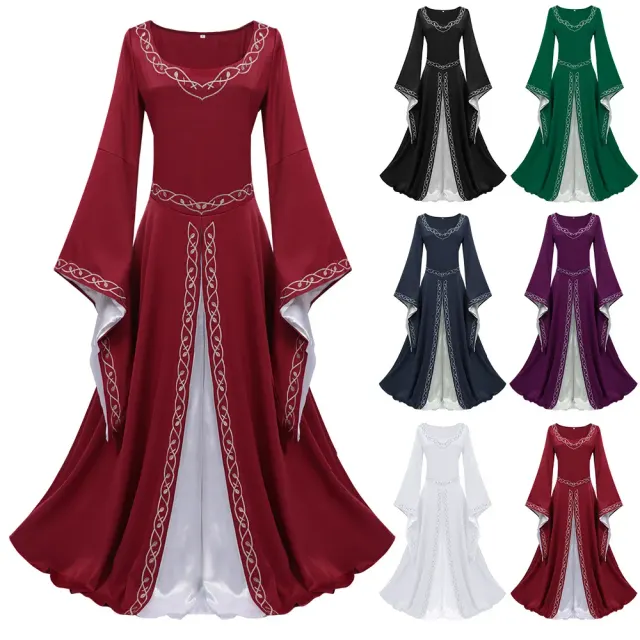 Women's black medieval color-block court dress with flared sleeves and a long skirt.